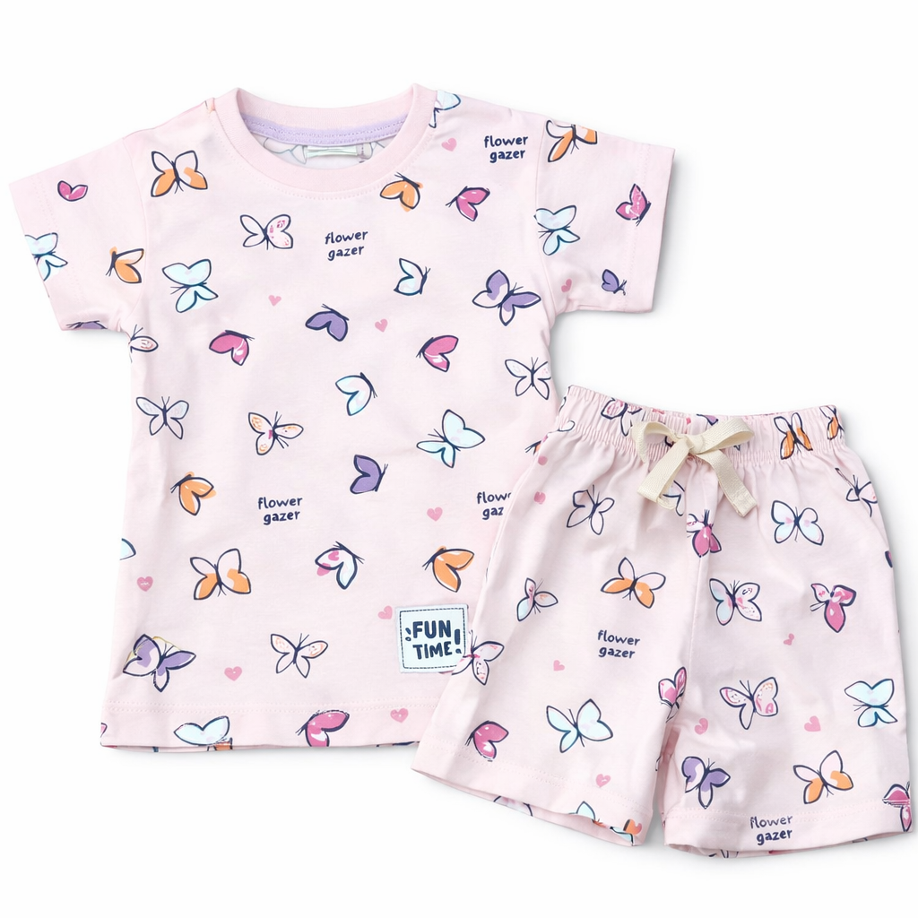 Cucu Cuddles Kids Pink Butterfly Print Cotton T-Shirt and Shorts Set Cute Summer Outfit for Girls - Cutypi