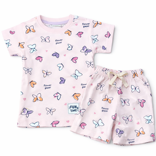 Cucu Cuddles Kids Pink Butterfly Print Cotton T-Shirt and Shorts Set Cute Summer Outfit for Girls - Cutypi