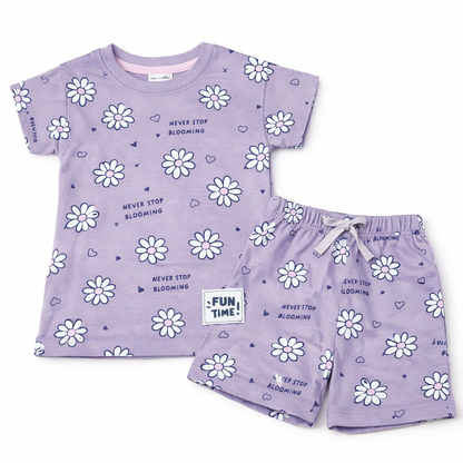 Cucu Cuddles Kids Purple Floral Print Cotton T-Shirt and Shorts Set Cute Summer Outfit for Girls - Cutypi