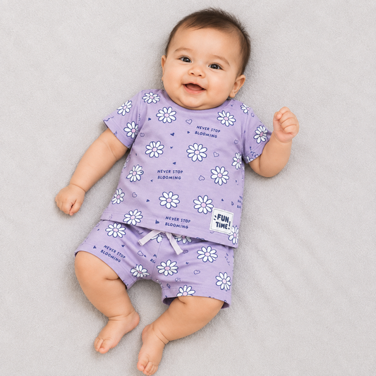 Kids Purple Floral Print Cotton T-Shirt and Shorts Set Cute Summer Outfit for Girls