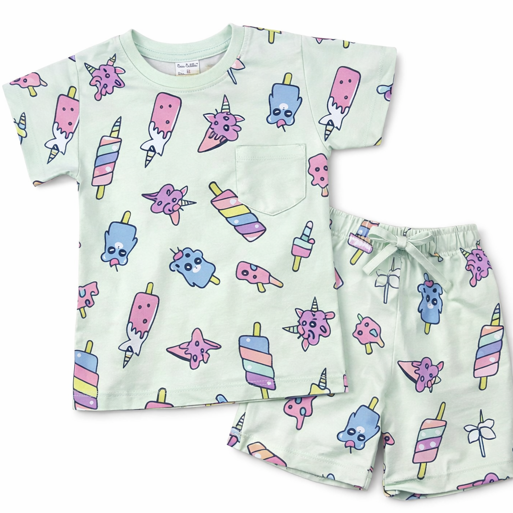 Cucu Cuddles Kids Green Ice Cream Print Cotton T-Shirt and Shorts Set Cute Summer Outfit for Girls - Cutypi