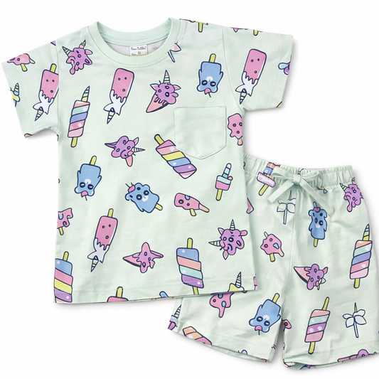 Cucu Cuddles Kids Green Ice Cream Print Cotton T-Shirt and Shorts Set Cute Summer Outfit for Girls - Cutypi