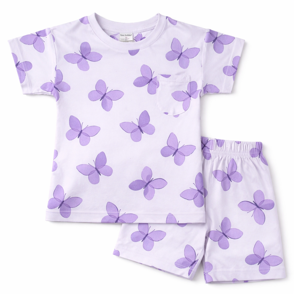 Cucu Cuddles Kids Purple Butterfly Print Cotton T-Shirt and Shorts Set Cute Summer Outfit for Girls - Cutypi