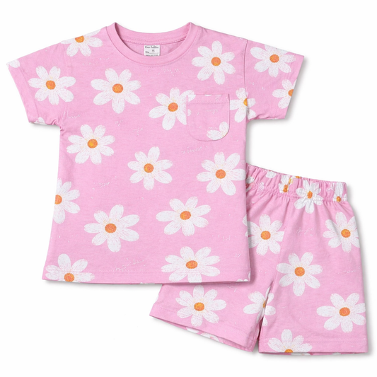 Cucu Cuddles Kids Pink Daisy Print Cotton T-Shirt and Shorts Set Cute Summer Outfit for Girls - Cutypi