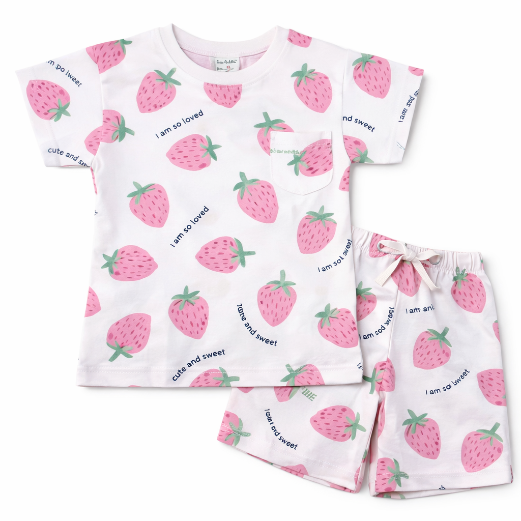 Cucu Cuddles Kids White Strawberry Print Cotton T-Shirt and Shorts Set Cute Summer Outfit for Girls - Cutypi