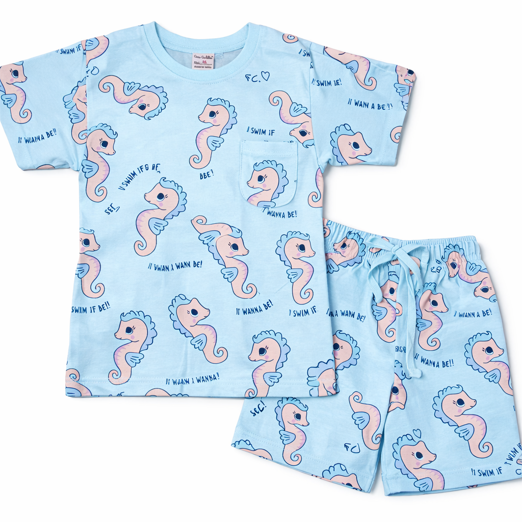Cucu Cuddles Girls Sky Blue Seahorse Print Cotton T-Shirt and Shorts Set Cute Summer Outfit - Cutypi