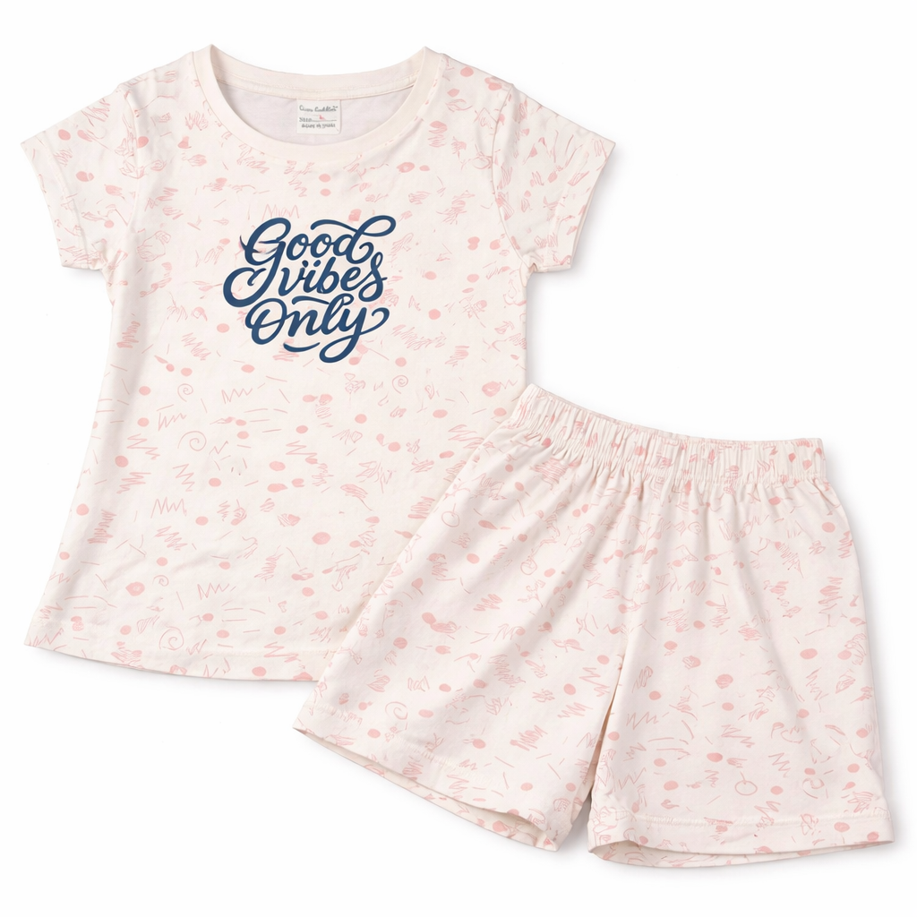 Cucu Cuddles Kids Cream Floral Cotton T-Shirt and Shorts Set Bloom Print Summer Outfit for Girls - Cutypi