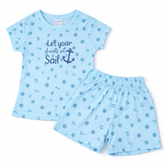 Cucu Cuddles Kids Sky Blue Cotton T-Shirt and Shorts Set Sail Print Summer Outfit for Boys - Cutypi