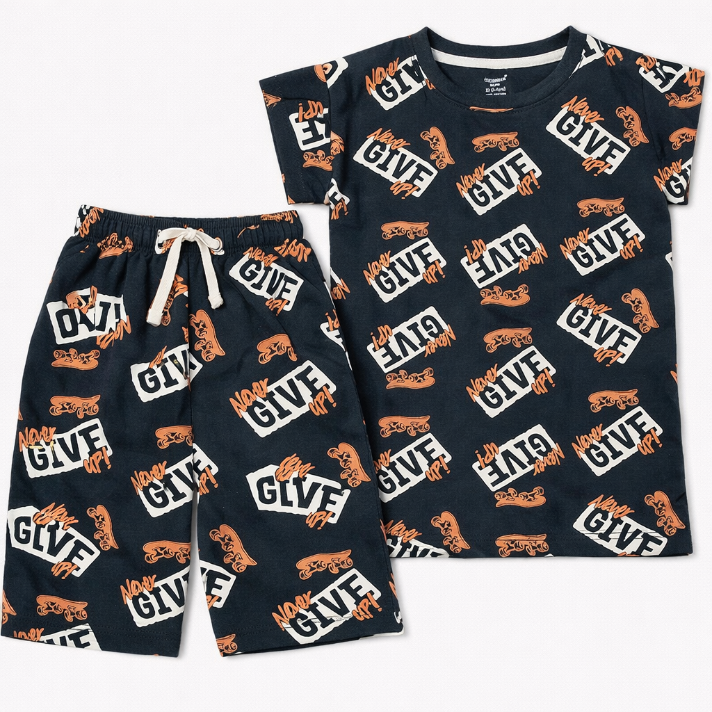 Cucumber Dark Green “Never Give Up” Kids Co-Ord Set – Half Sleeve Cotton T-Shirt & Shorts  - Cutypi