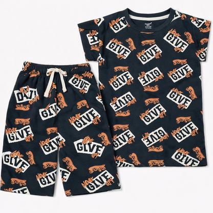 Cucumber Dark Green “Never Give Up” Kids Co-Ord Set – Half Sleeve Cotton T-Shirt & Shorts  - Cutypi