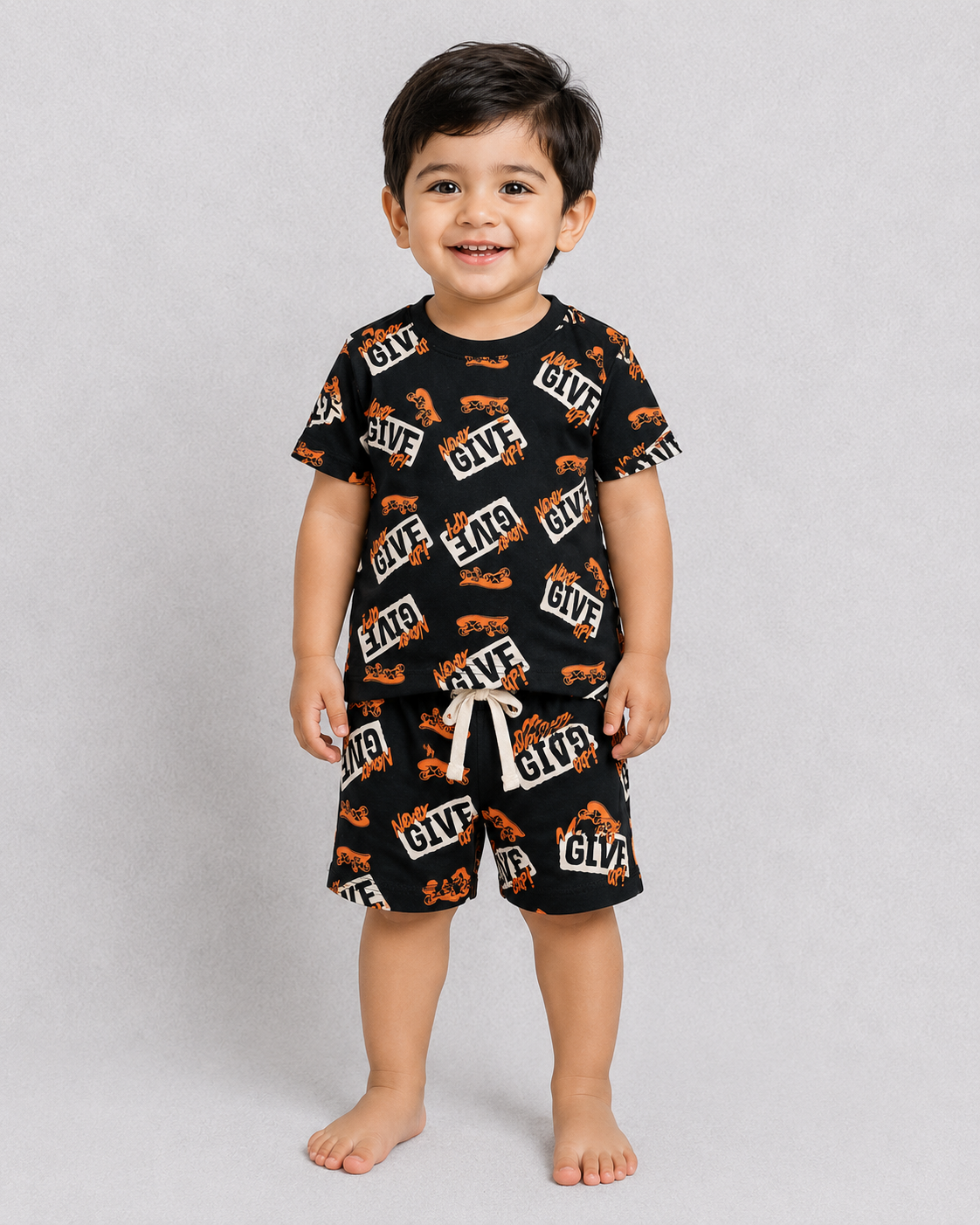 Dark Green “Never Give Up” Kids Co-Ord Set – Half Sleeve Cotton T-Shirt & Shorts