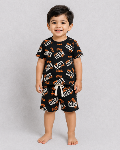 Dark Green “Never Give Up” Kids Co-Ord Set – Half Sleeve Cotton T-Shirt & Shorts