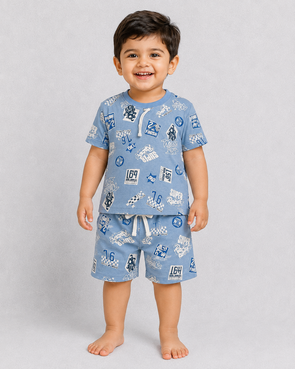 Race-themed Kids Co-Ord Set – Half Sleeve Cotton T-Shirt & Shorts
