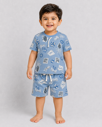 Race-themed Kids Co-Ord Set – Half Sleeve Cotton T-Shirt & Shorts