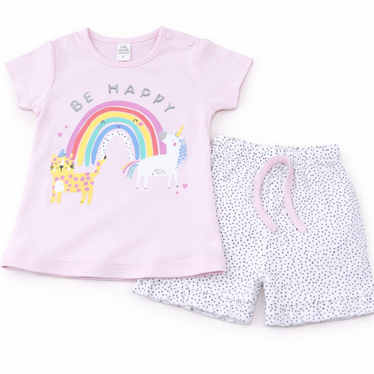 Baby Girls “Be Happy” Rainbow T-Shirt with Shorts Set – Cute & Playful