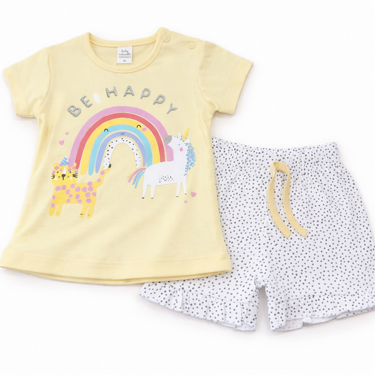 Baby Girls “Be Happy” Rainbow T-Shirt with Shorts Set – Cute & Playful
