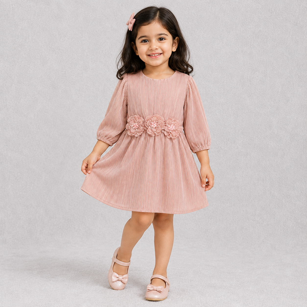 Auli Girls Pink Pleated Party Wear Dress with Floral Waist Detail and Full Sleeves for Kids