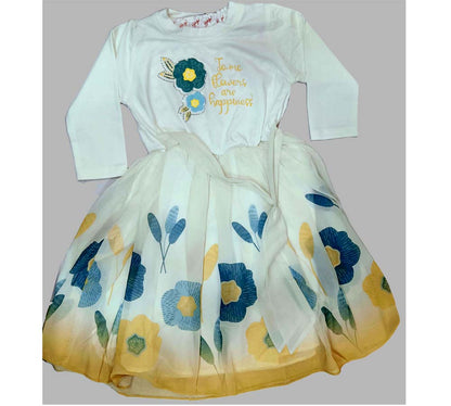 Girls Floral Printed Puff Sleeves A-Line Dress