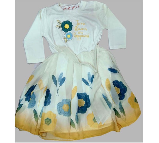 Girls Floral Printed Puff Sleeves A-Line Dress