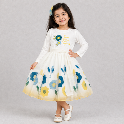 Auli Girls White Floral Printed Party Wear Dress with Bow Belt and Full Sleeves for Kids