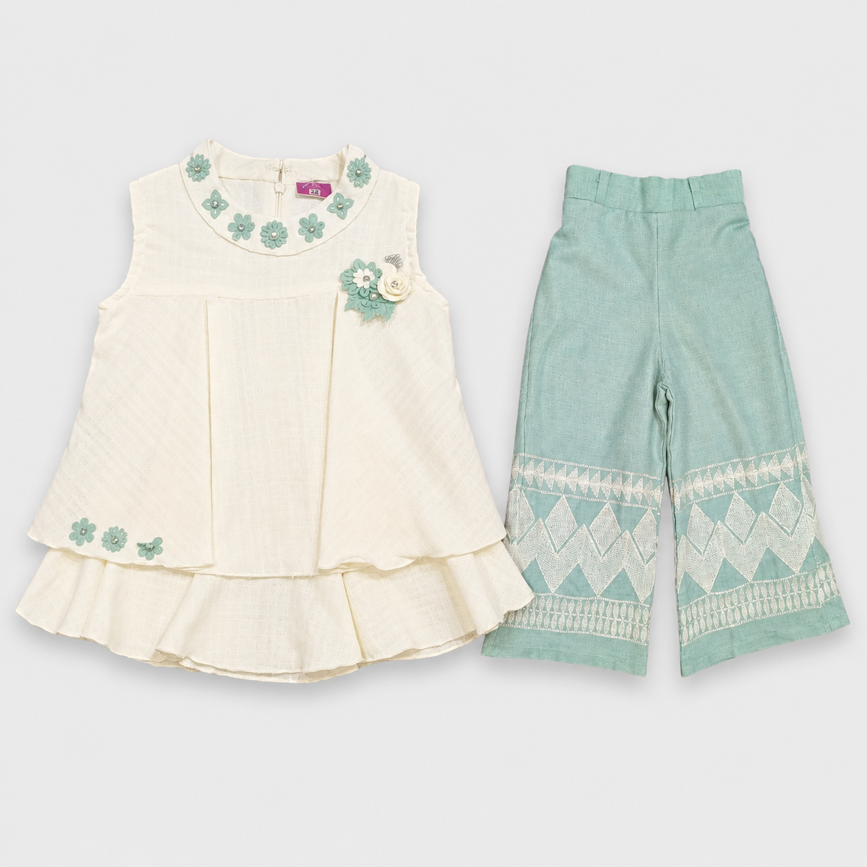 Girls Cream Top & Mint Palazzo Set | Party Wear Outfit