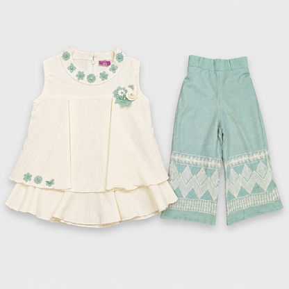 Girls Cream Top & Mint Palazzo Set | Party Wear Outfit