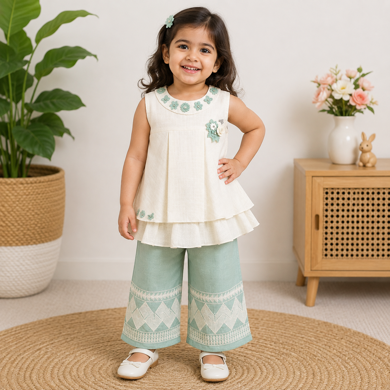 girls cream floral top with mint green printed palazzo pants set