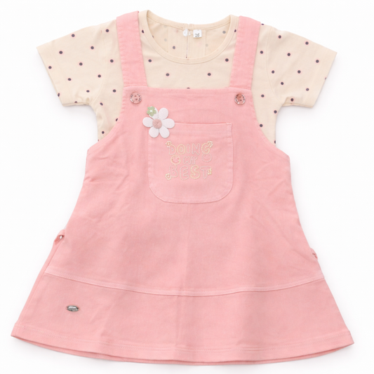 Baby Girls Pink Dungaree Dress with Dot T-Shirt Cotton Outfit