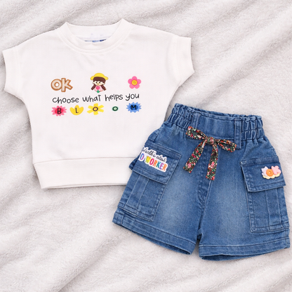 Blue Berry 2-Piece Floral Applique T-Shirt and Jeans - Cutypi