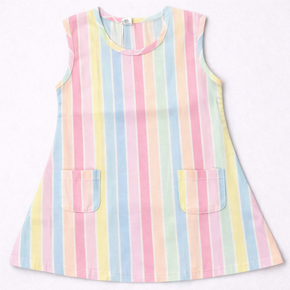 First Toy Girls Sleeveless Cotton Dress White Multicolor Stripe Casual Summer Frock - Cutypi