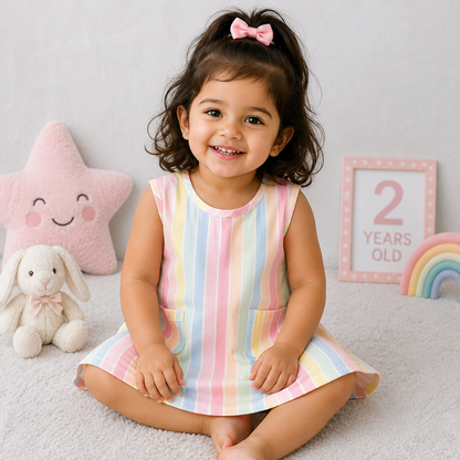 Girls Sleeveless Cotton Dress White Multicolor Stripe Casual Summer Frock