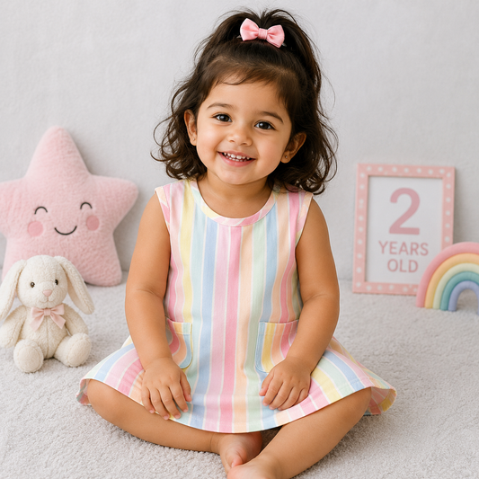 Girls Sleeveless Cotton Dress White Multicolor Stripe Casual Summer Frock