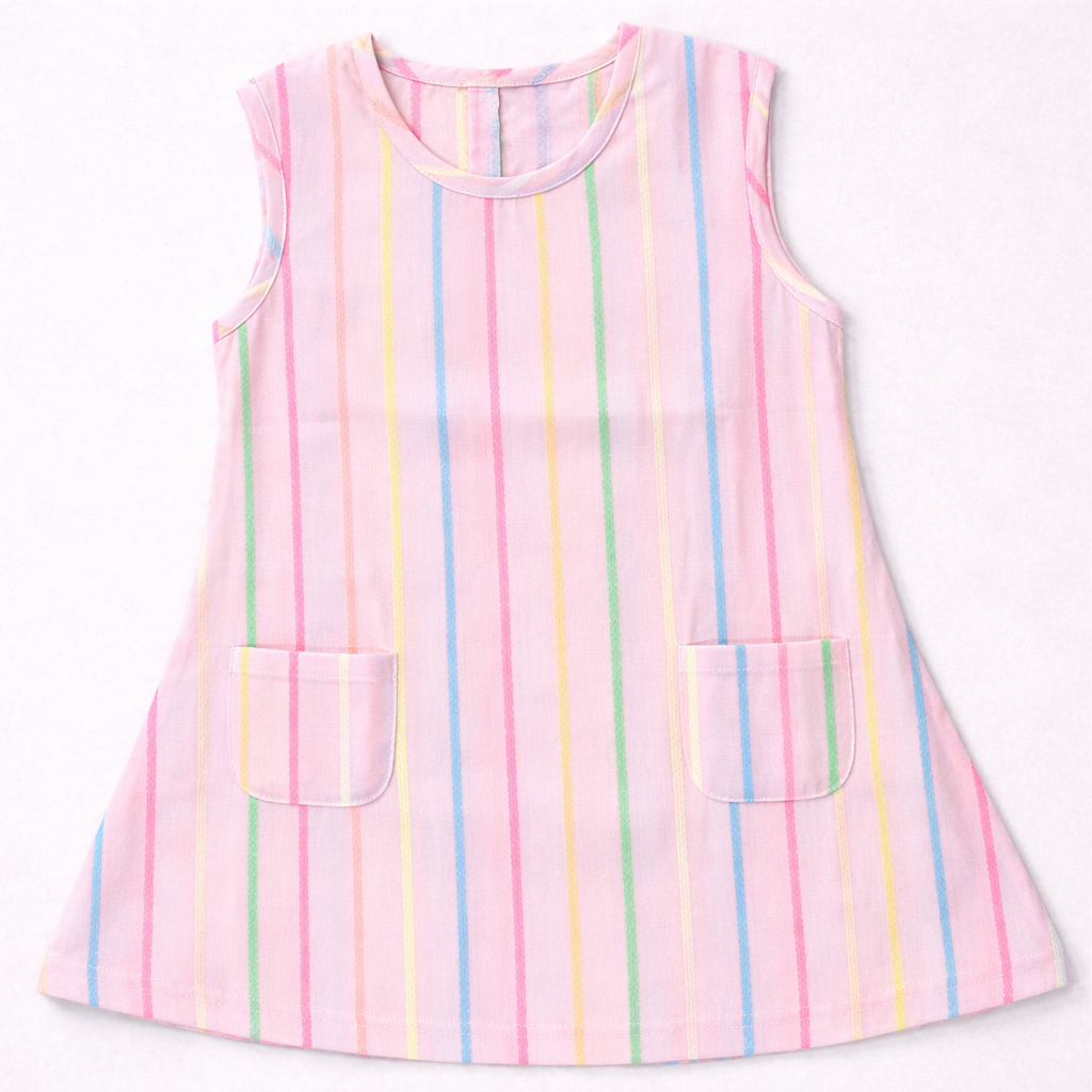 First Toy Girls Sleeveless Cotton Dress White Multicolor Stripe Casual Summer Frock - Cutypi