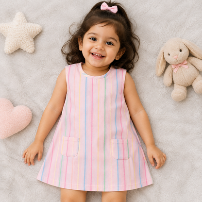 Girls Sleeveless Cotton Dress  Pink  Multicolor Stripe Casual Summer Frock