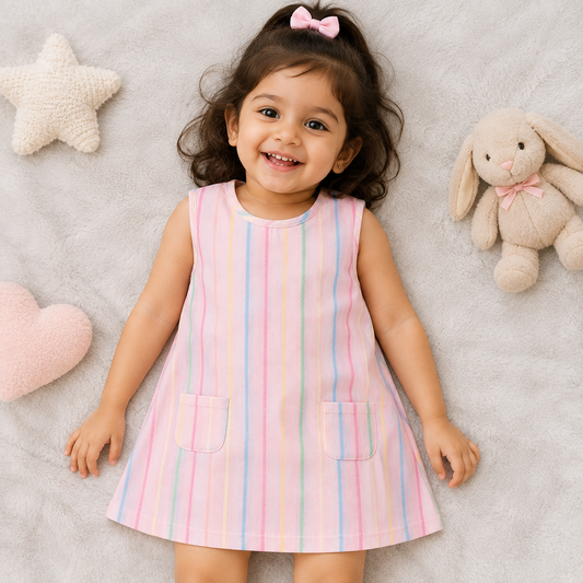 Girls Sleeveless Cotton Dress  Pink  Multicolor Stripe Casual Summer Frock