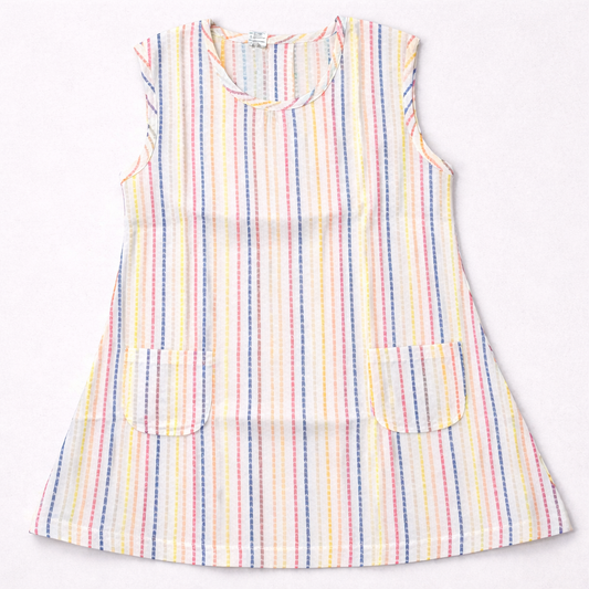 First Toy Girls Sleeveless Cotton Dress White Multicolor Stripe Casual Summer Frock - Cutypi
