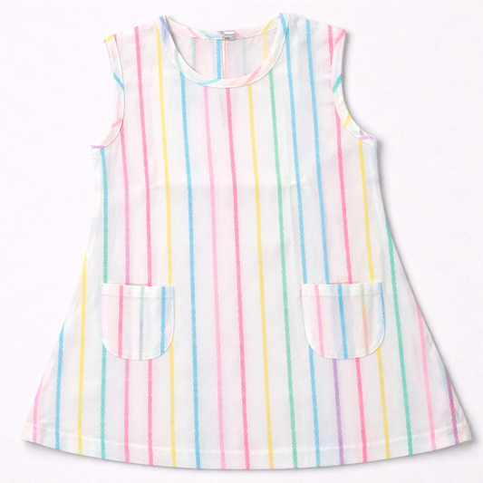 First Toy Girls Sleeveless Cotton Dress White Multicolor Stripe Casual Summer Frock - Cutypi