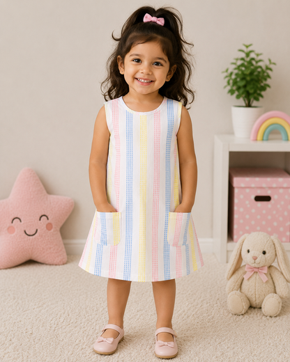 Girls Sleeveless Cotton Dress White Multicolor Stripe Casual Summer Frock