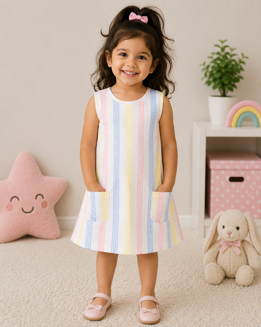 Girls Sleeveless Cotton Dress White Multicolor Stripe Casual Summer Frock