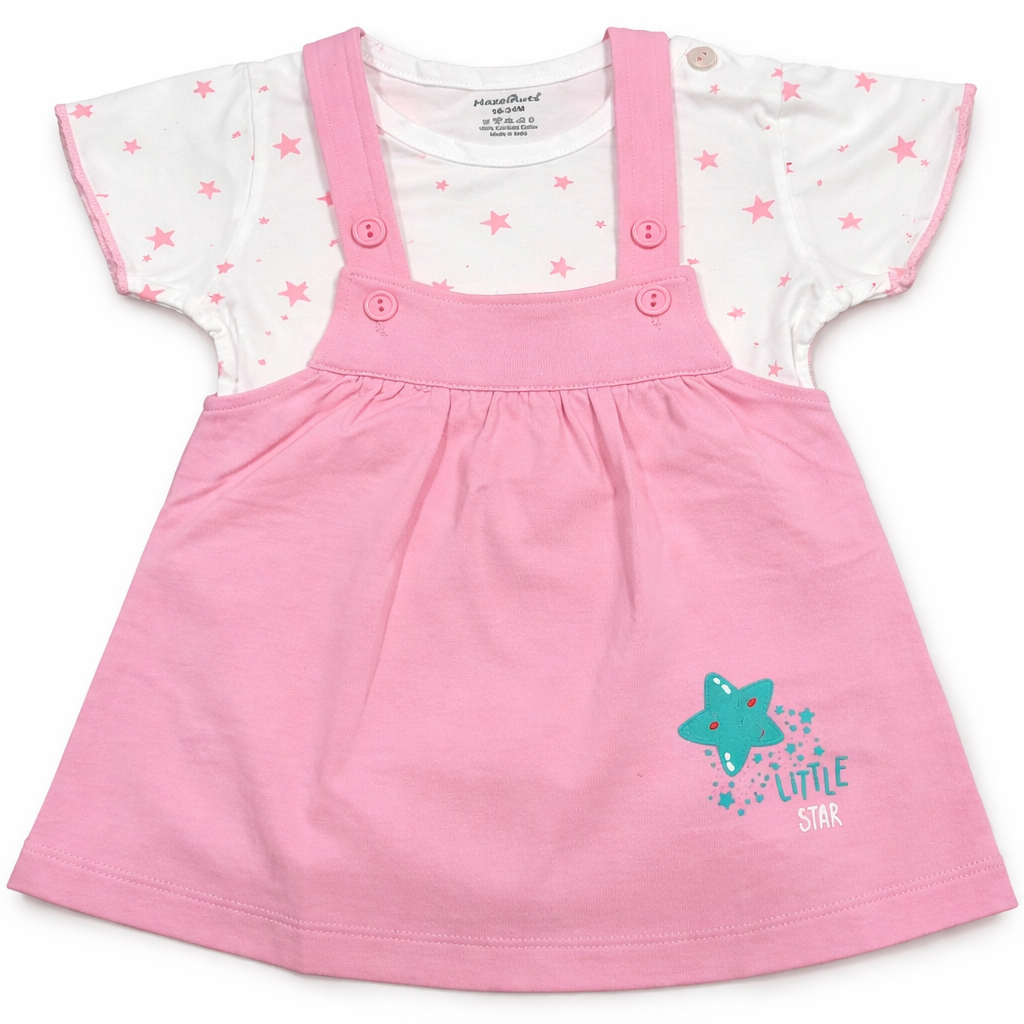 Hazelnut Baby Girls Pink Pinafore A-Line Dress with Star Print Top Cute Summer Outfit - Cutypi