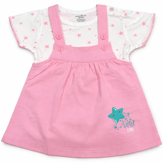 Hazelnut Baby Girls Pink Pinafore A-Line Dress with Star Print Top Cute Summer Outfit - Cutypi