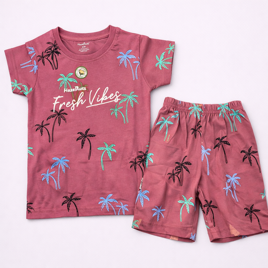 Hazelnut Kids Fresh Vibes Palm Print T-Shirt & Shorts Set - Cutypi