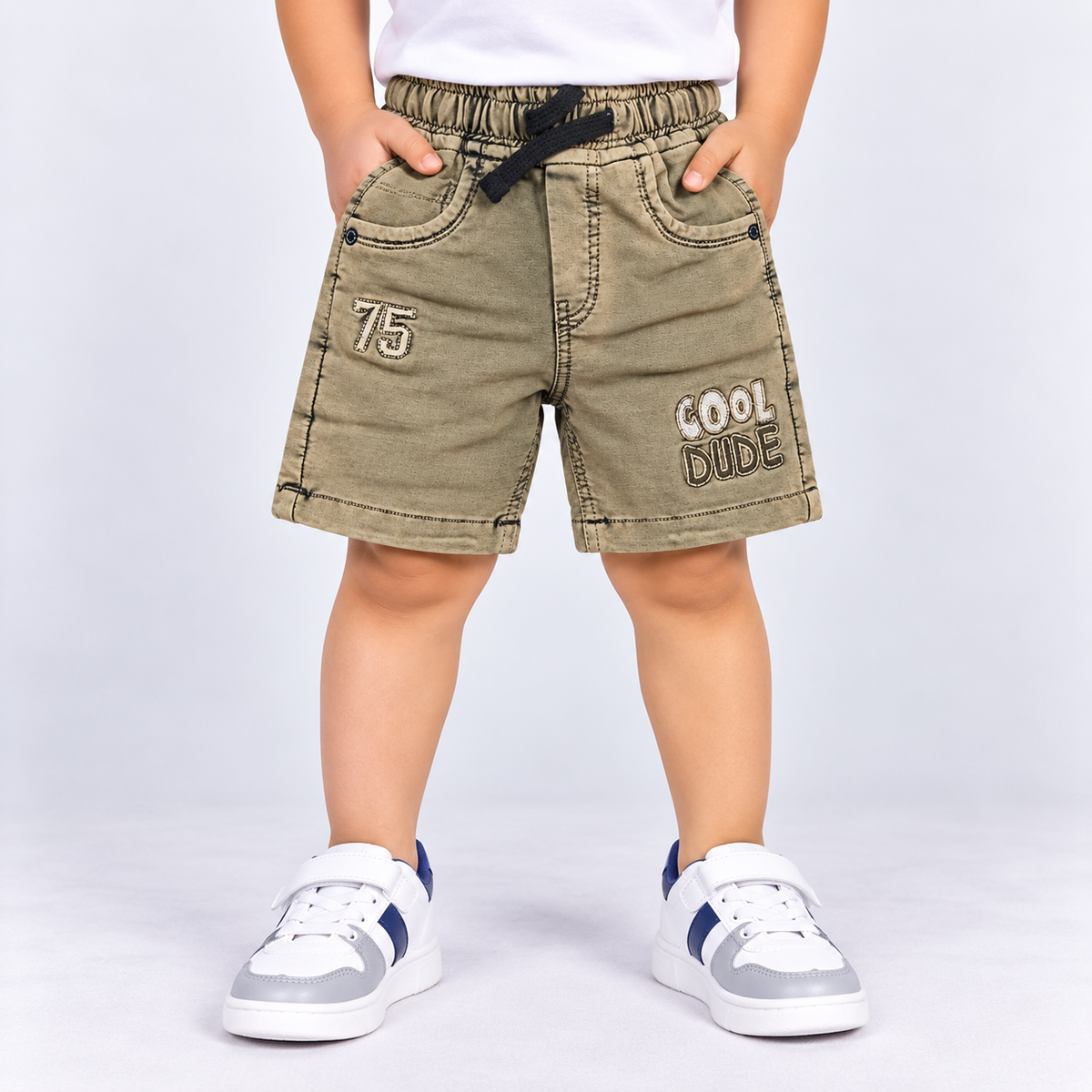 Taxi Junior boys beige cargo shorts with elastic waist, drawstring and Cool Dude printed details