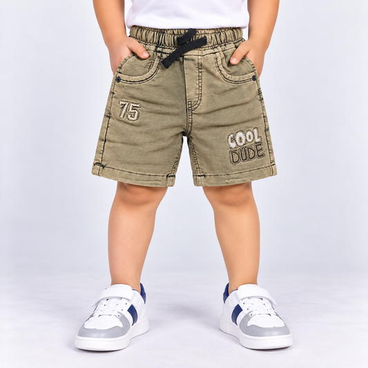 Taxi Junior boys beige cargo shorts with elastic waist, drawstring and Cool Dude printed details