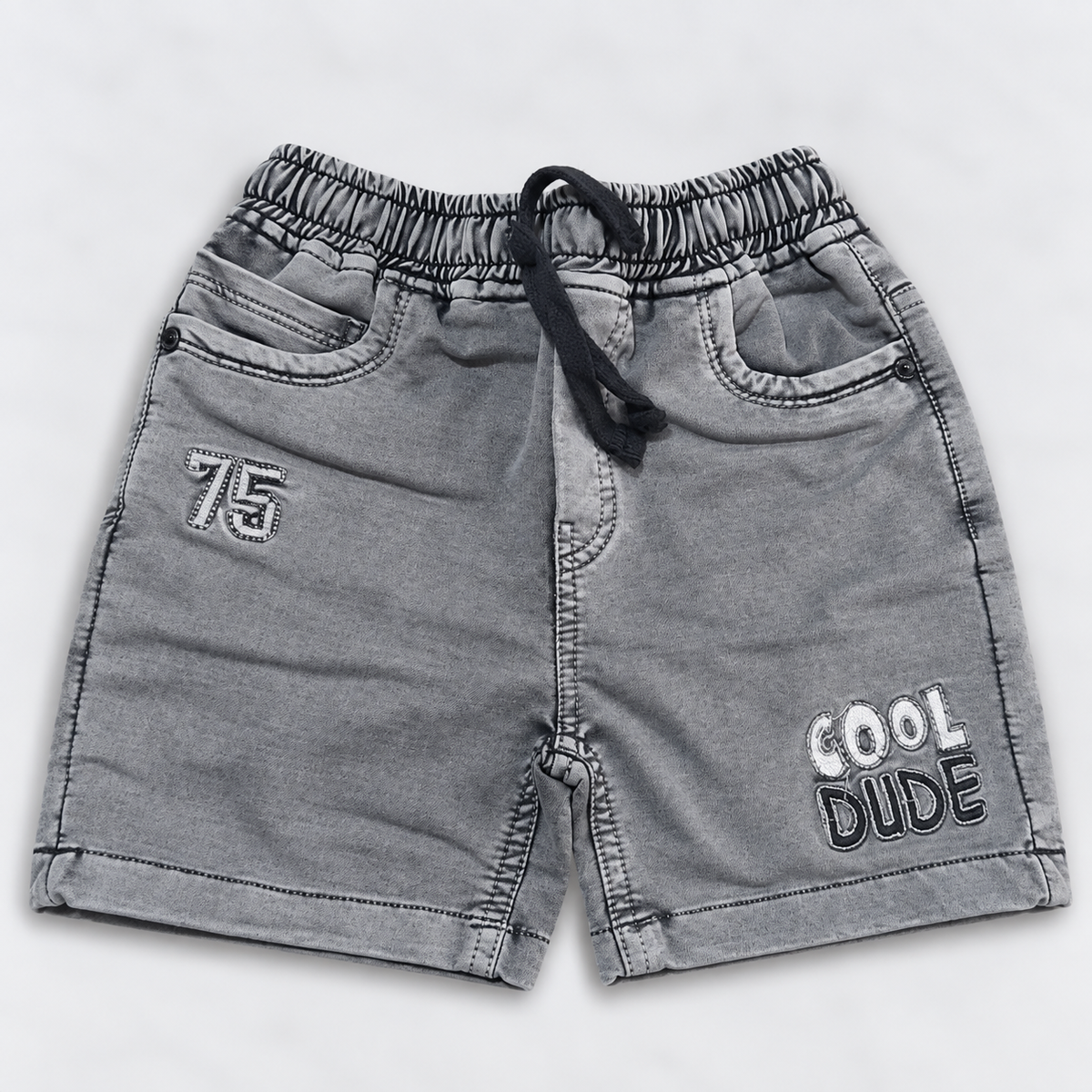 Boys Grey Denim Shorts | Printed Kids Casual Shorts with Drawstring