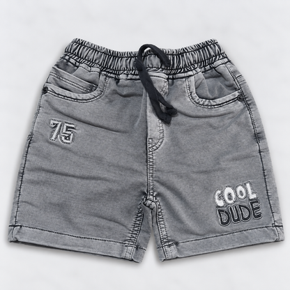 Boys Grey Denim Shorts | Printed Kids Casual Shorts with Drawstring