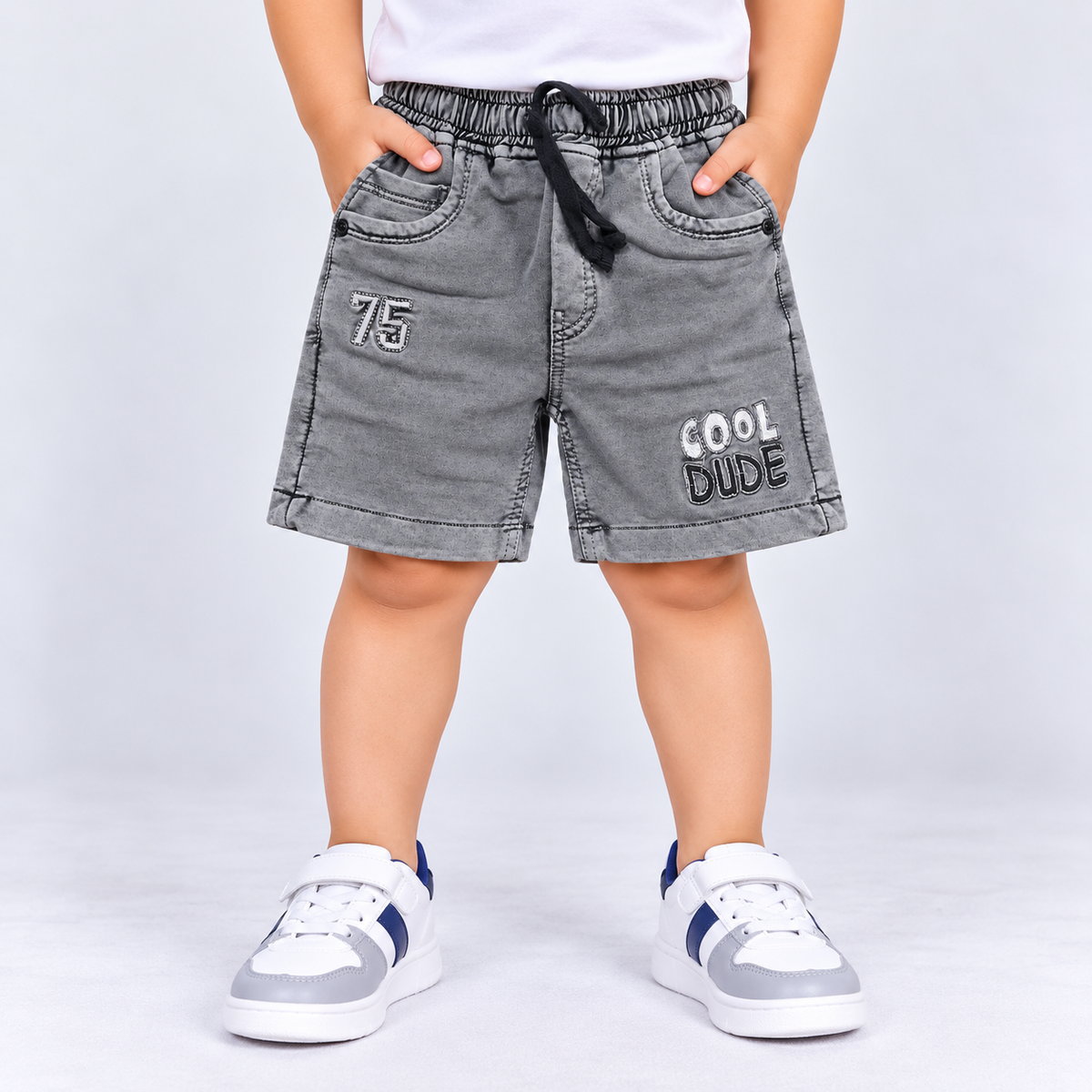 Taxi Junior boys grey denim shorts with elastic waist, drawstring, front pockets and Cool Dude print