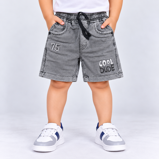 Taxi Junior boys grey denim shorts with elastic waist, drawstring, front pockets and Cool Dude print