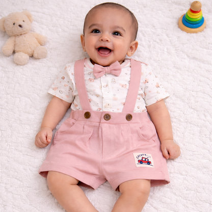 Printed Jumper with Bow Tie & Suspender-Style Shorts