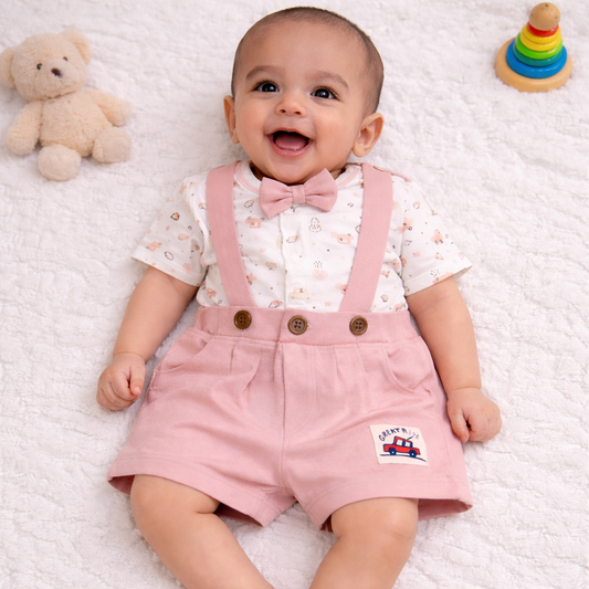 Printed Jumper with Bow Tie & Suspender-Style Shorts